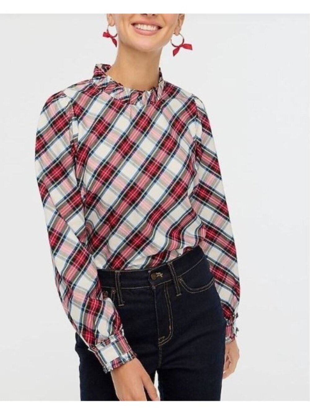 J Crew Top Womens XL Tartan Plaid Ruffle Collar Cotton Blend Poplin Preppy